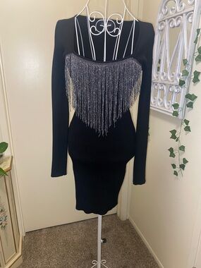Black Long-Sleeve Fringe Bodycon Dress